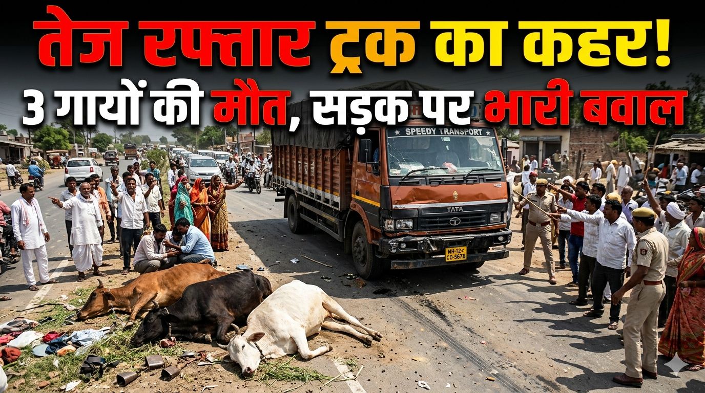 तेज रफ्तार ट्रक की टक्कर से तीन गायों की मौत, ग्रामीणों ने किया चक्काजाम