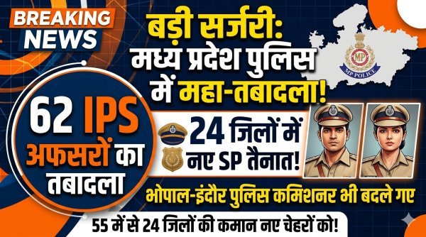 प्रशासनिक फेरबदल : 62 IPS अधिकारियों के तबादले, 24 जिलों के बदले गए SP