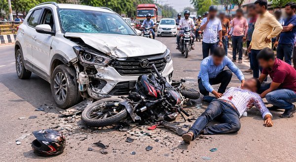 हादसा : बाइक और चारपहिया वाहन की जोरदार टक्कर, व्यापारी हायर सेंटर रेफर