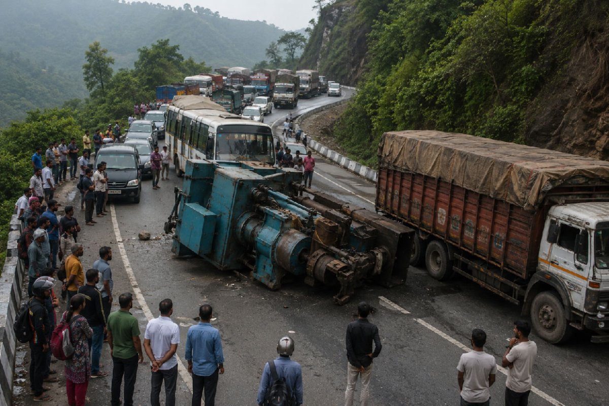 चिल्फी घाटी में भारी जाम, ट्रक से गिरी मशीन