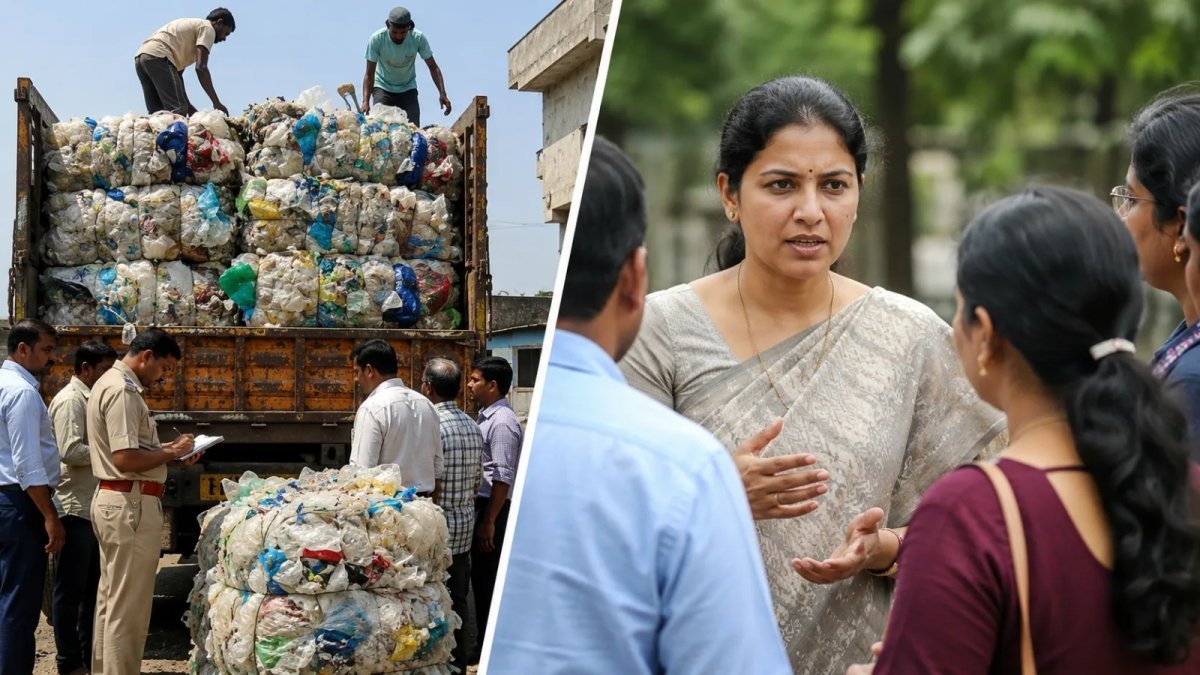 प्रतिबंधित प्लास्टिक ज़ब्त करती निगम टीम