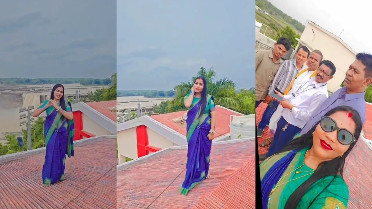 चित्रकोट सर्किट हाउस पर रील बनाती महिला