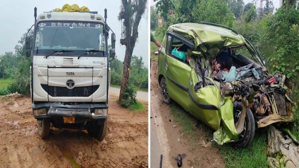 दर्दनाक हादसा : कुनकुरी लौट रहे दो लोगों की मौत, हाईवा से टकराकर कार चकनाचूर
