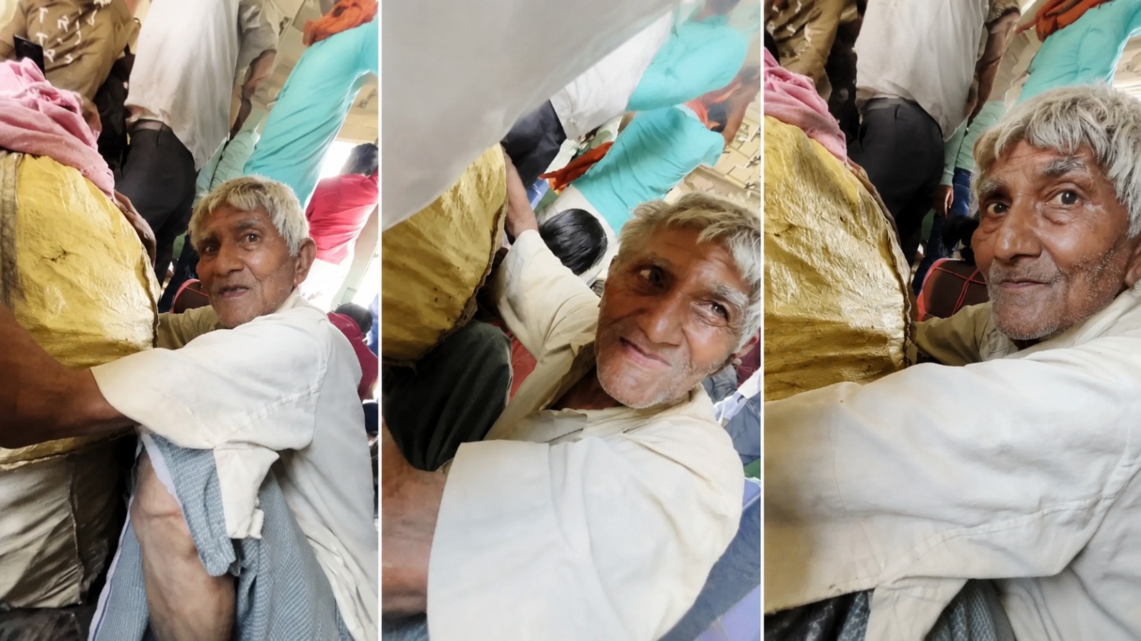79 साल के बुजुर्ग बैंगन की बोरी लेकर जाते हुए