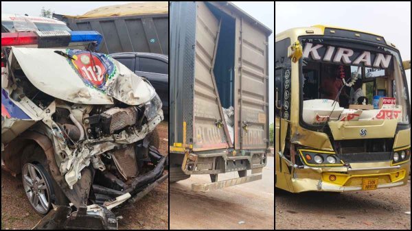 NH-53 पर हादसा टला : मालवाहक ट्रक, यात्री बस और डायल 112 वाहन में भिड़ंत, सुरक्षित रहे यात्री