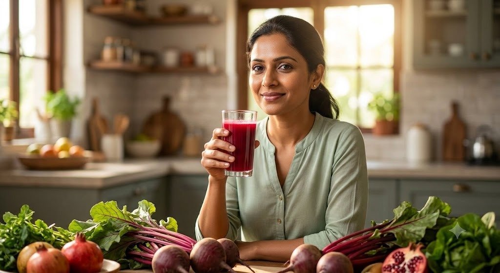 महिला चुकंदर का जूस पीते हुए