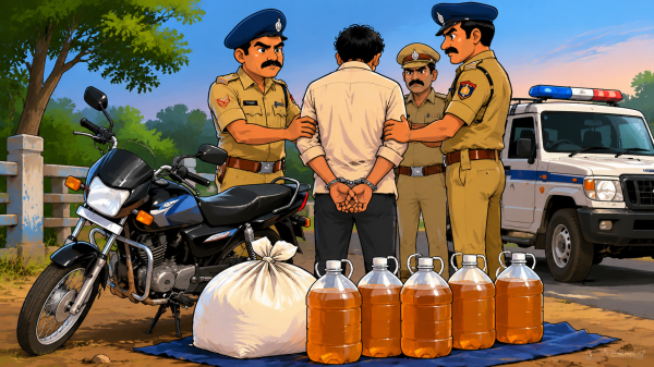 कार्रवाई : सरायपाली में अवैध महुआ शराब तस्करी पर पुलिस का शिकंजा, 25 लीटर शराब और बाइक जब्त