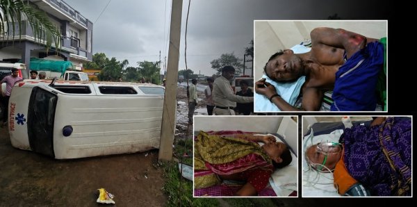 मरीजों को लेकर लौट रही एम्बुलेंस गड्ढे के कारण अनियंत्रित होकर पलटी, हादसे में 6 लोग घायल