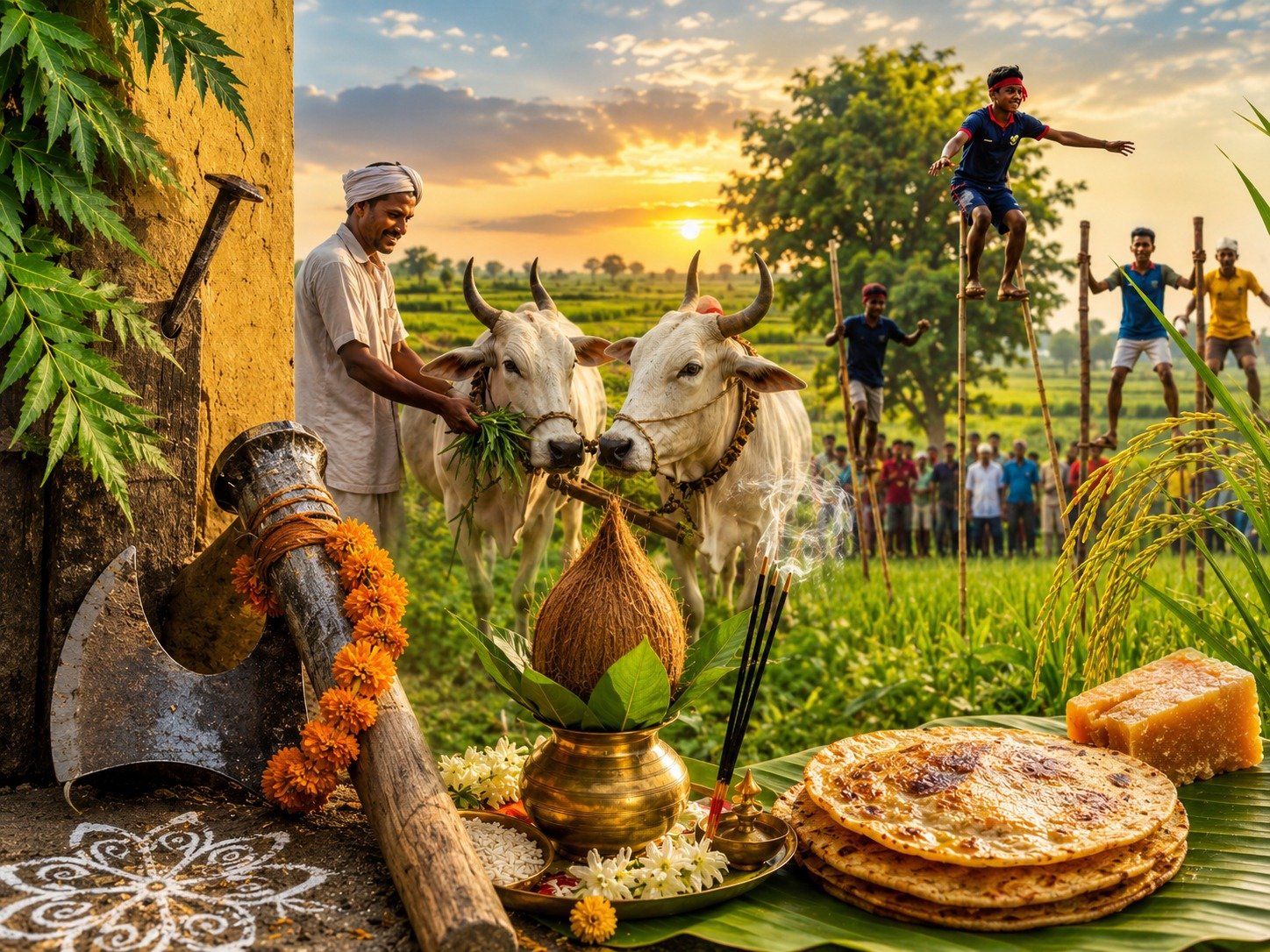 हरेली पर्व की पारंपरिक पूजा और गेड़ी उत्सव