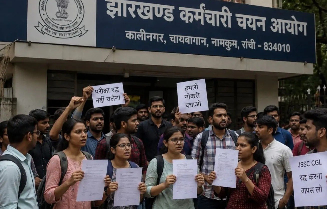 झारखंड में JSSC-CGL भर्ती परीक्षा रद्द होने के बाद प्रदर्शन करते छात्र और सरकारी कर्मचारी