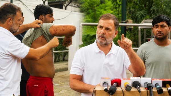 पैलेट गन विवाद में राहुल गांधी का प्रदर्शन, FIR की मांग को लेकर थाने पहुंचे