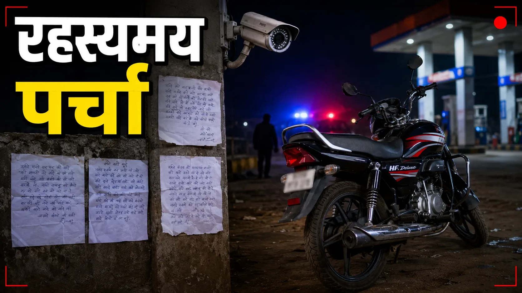 चोरी हुई बाइक के पास लगे रहस्यमय पर्चे और CCTV कैमरा।