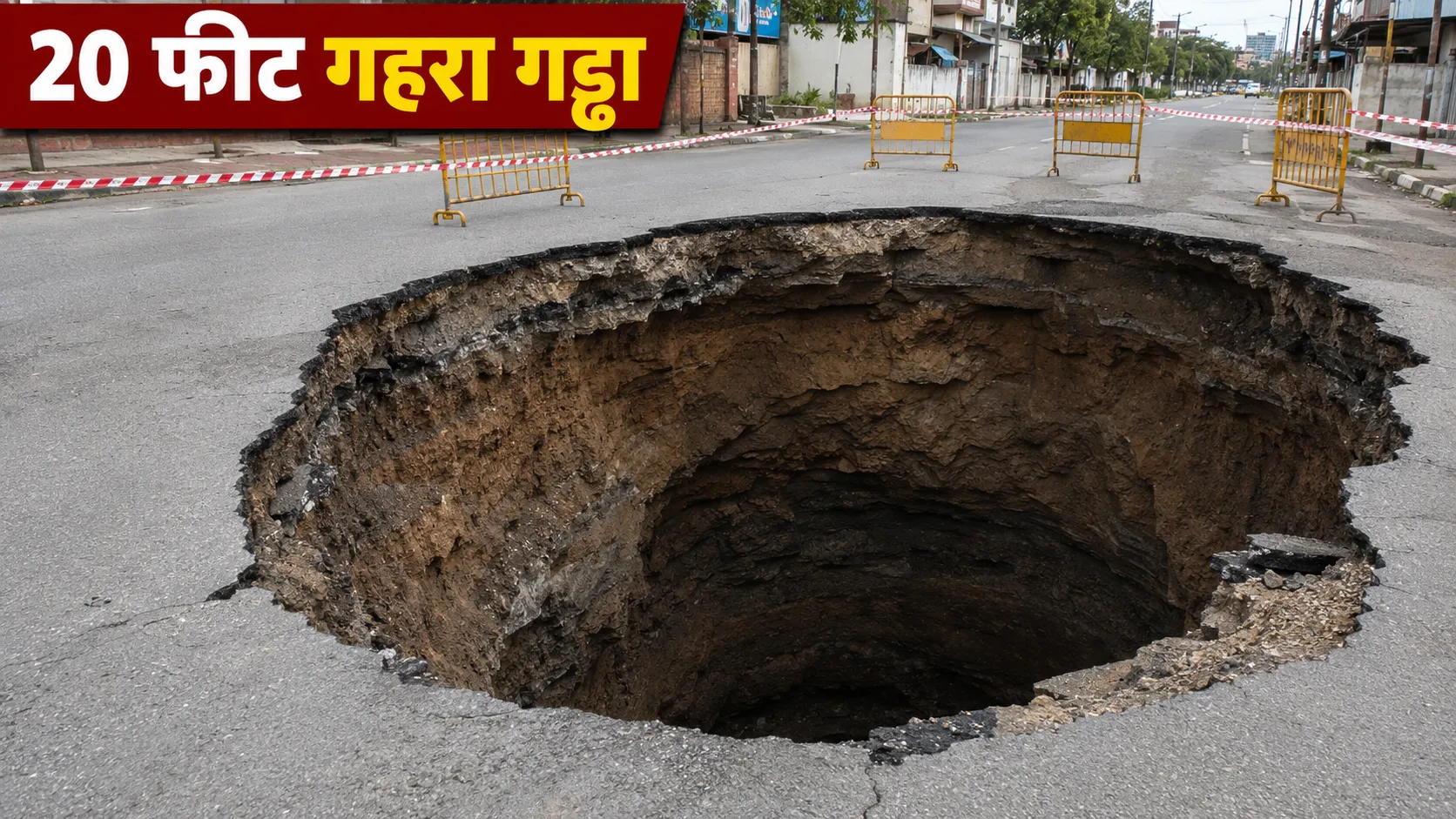 सड़क धंसने से बना गहरा गड्ढा
