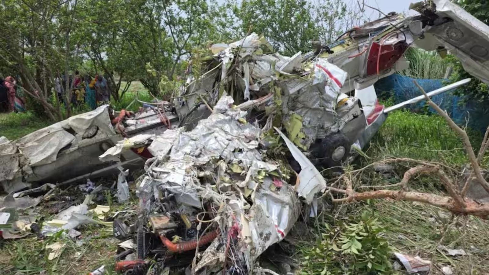 Wreckage of a training aircraft that crashed in Kanpur