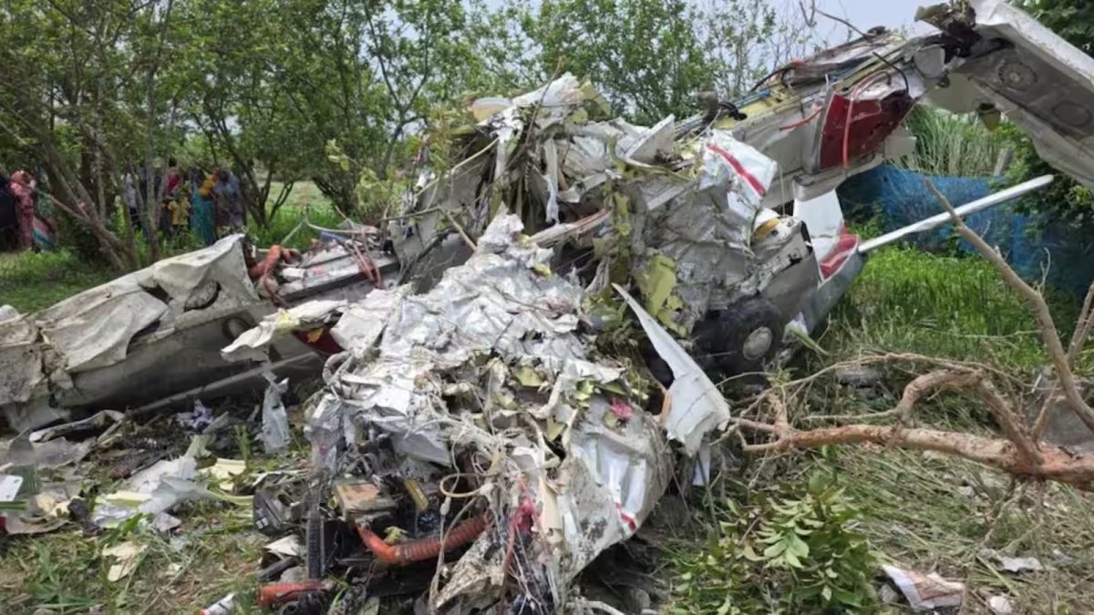 Wreckage of a training aircraft that crashed in Kanpur
