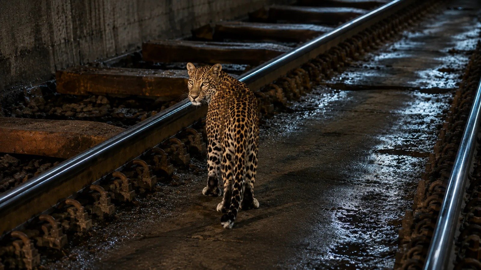 Leopard in railway tunnel