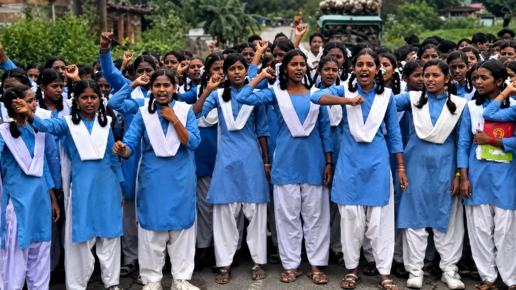 Murkaul school students stage a road blockade (Image Source: Keertiman Media)