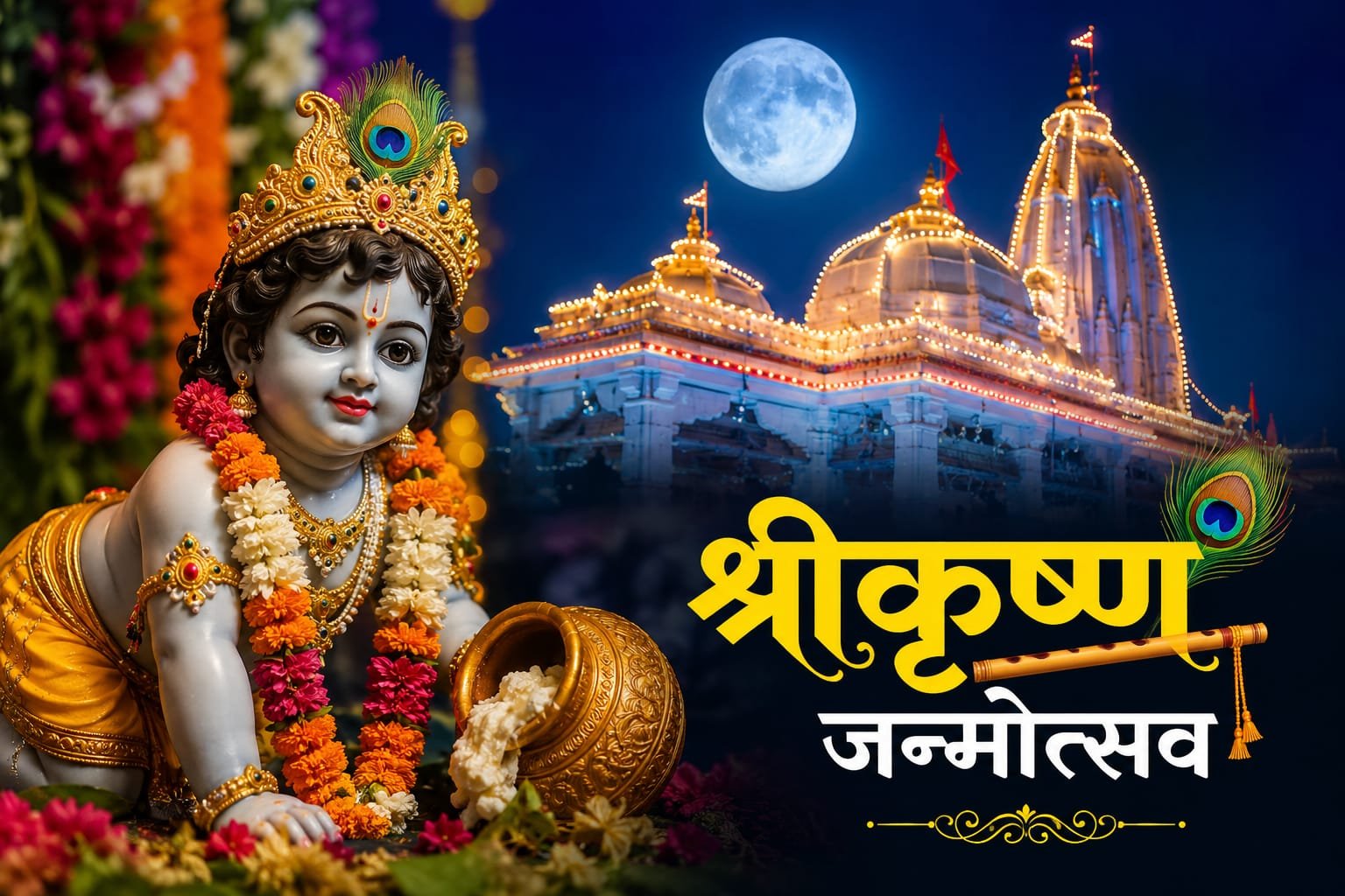 Temples decked up for Janmashtami and tableaux depicting the birth of Lord Krishna (Image Source: Keertiman AI Photo)