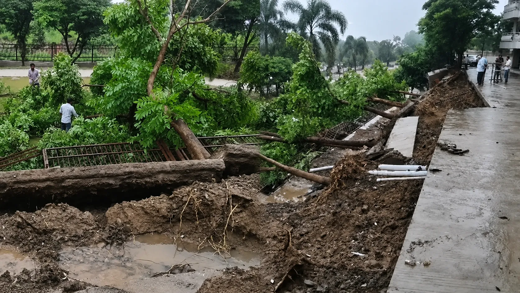 Three vehicles were buried when the road caved in (Image Source: Keertiman Media)