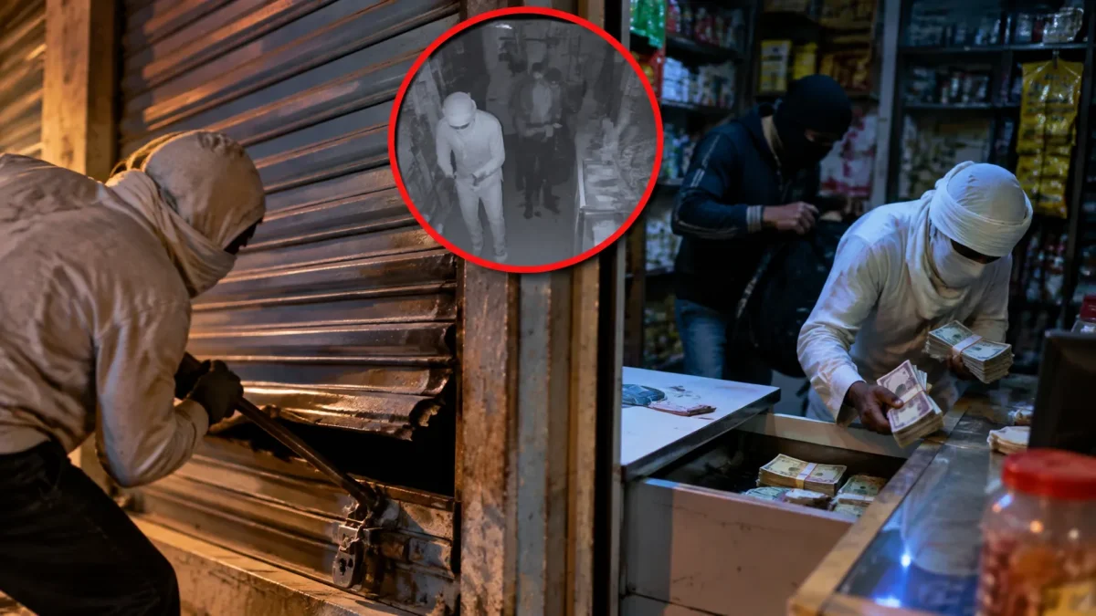 Thieves breaking shop shutter and stealing cash (Image Source: AI Photo)