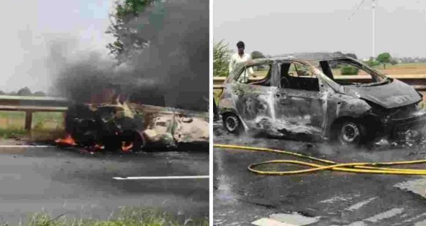 Dhar car fire: चलती कार में लगी भीषण आग, पुलिसकर्मी ने समय रहते कूदकर बचाई जान