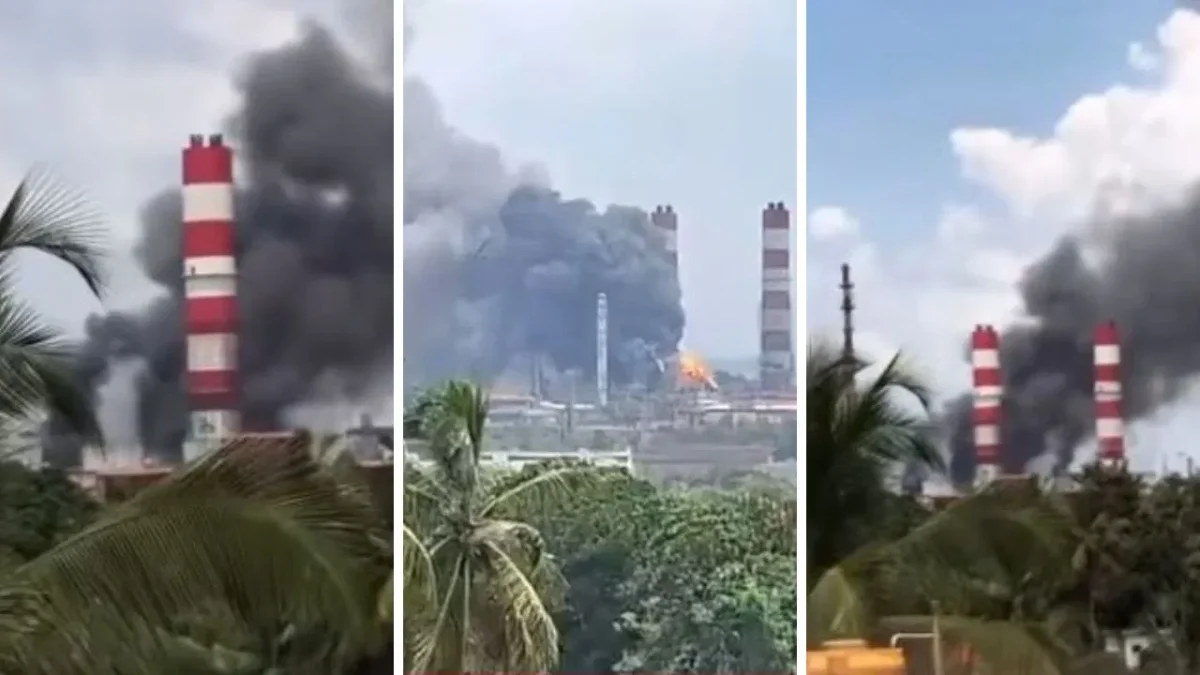 MRPL refinery blast in Mangalore with smoke rising from the facility (Image Source: social media)