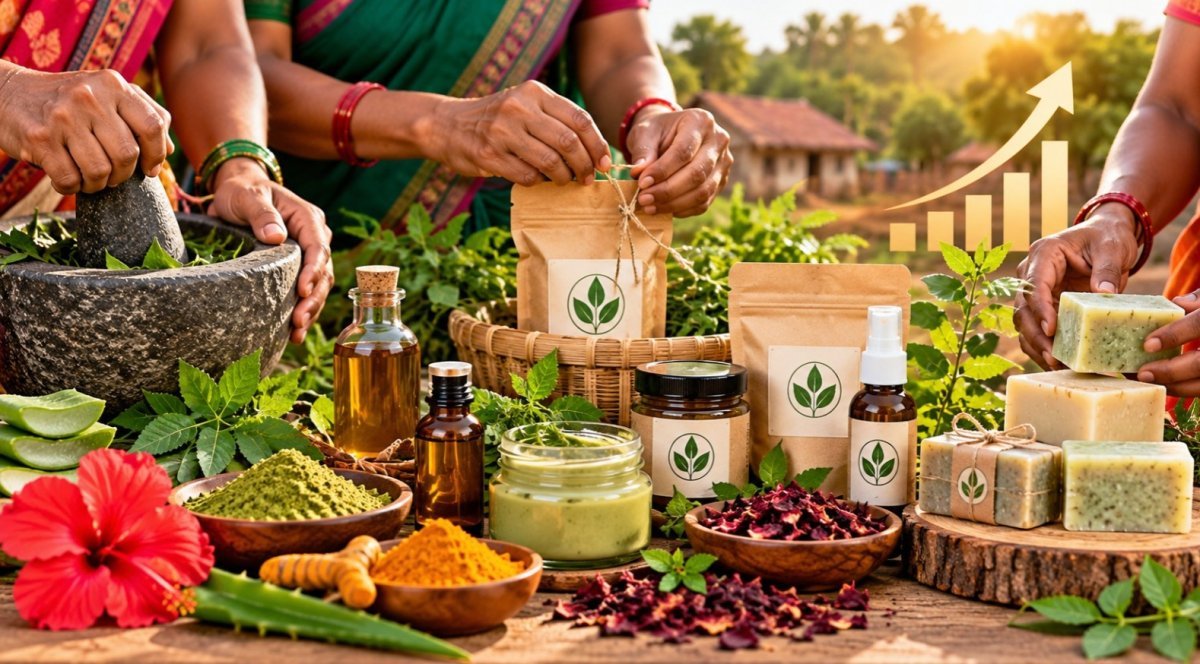 Rural women making herbal products (Image Source: AI Photo)