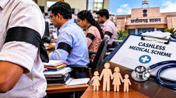 CG Employees Protest: कर्मचारियों का फूटा गुस्सा, काली पट्टी अभियान चलाकर दफ्तरों में जताया विरोध, कैशलेस चिकित्सा योजना तुरंत लागू करने की मांग