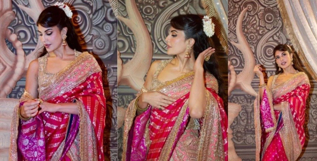 Jacqueline Fernandez in a rani pink saree with gajra (Image Source: Social Media)