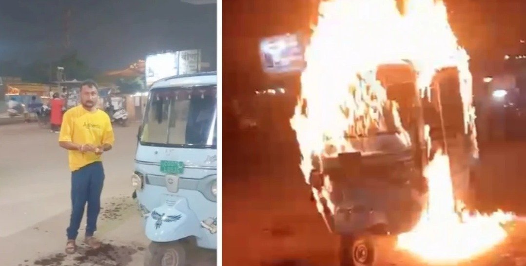 Auto-rickshaw driver sets his EV on fire in Bhilai (Image Source: Social Media)