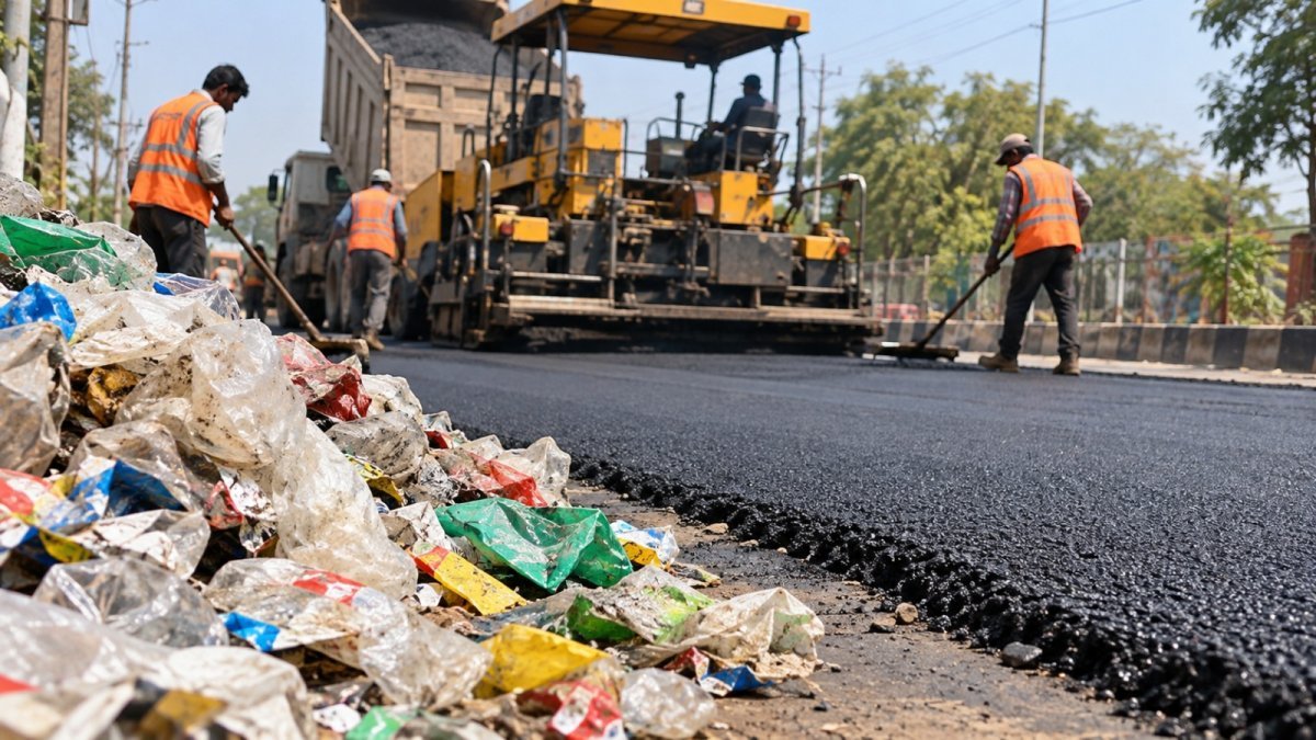 Preparations for road construction using plastic waste (Image Source: Keertiman Media)